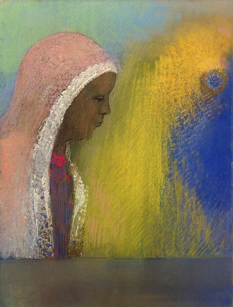 Porträtt av en kvinna i en rosa slöja, 1885 (pastell på papper) av Odilon Redon