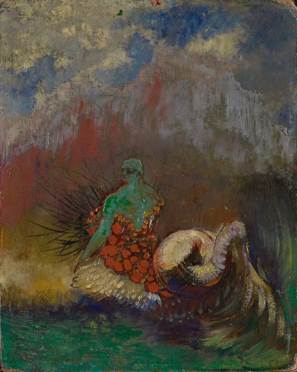 Siren, ca 1900 (olja och guldpulver på träfiberskiva) av Odilon Redon