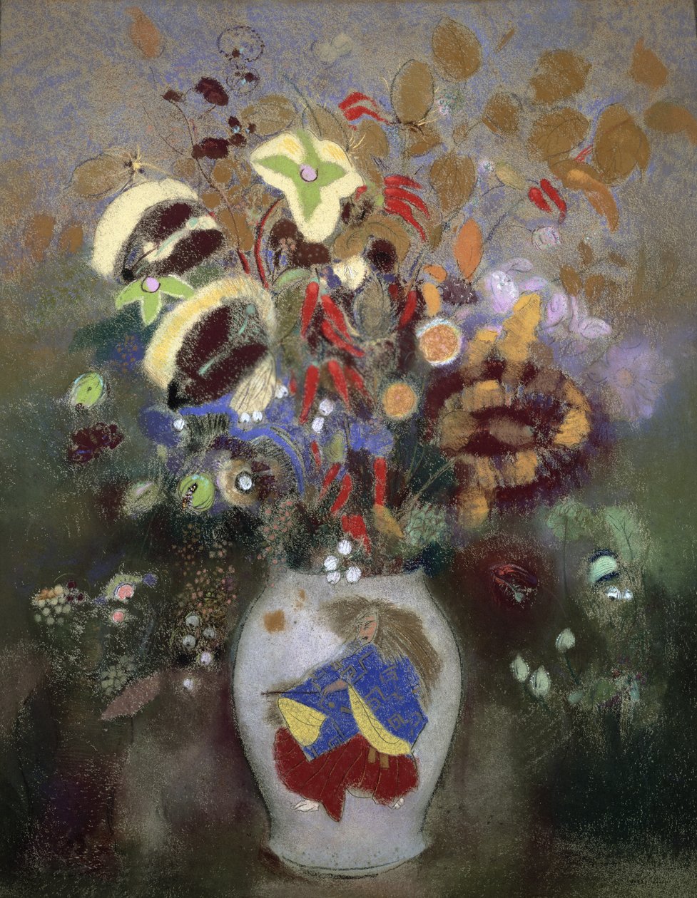 Stilleben med en vas med blommor (pastell på papper) av Odilon Redon
