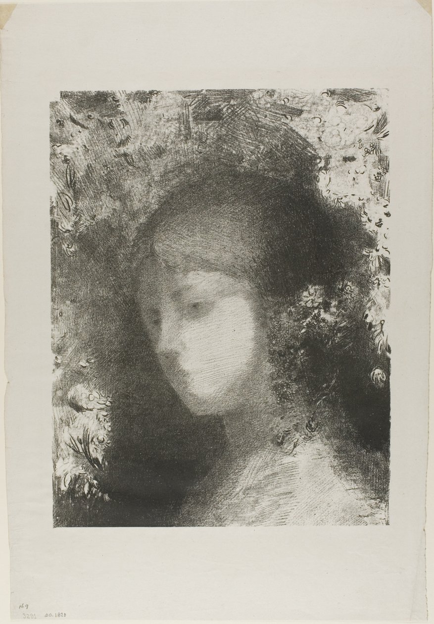 Barns huvud med blommor av Odilon Redon
