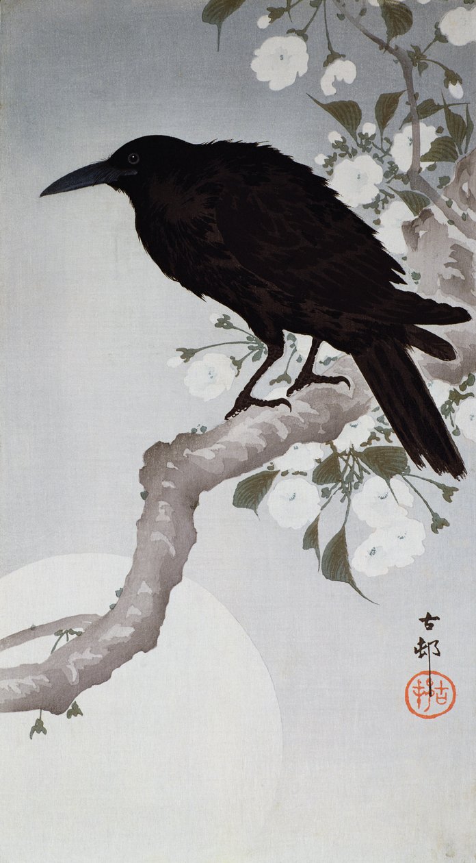 En svart fågel på en gren i månskenet, (träblock i färg) av Ohara Koson