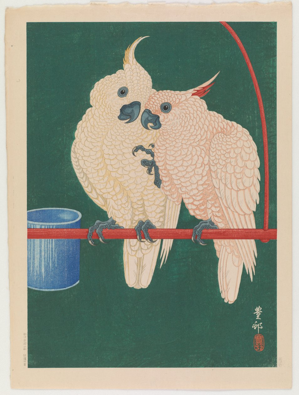 Ett par vita kakaduor, ca 1930 (träblock i färg) av Ohara Koson