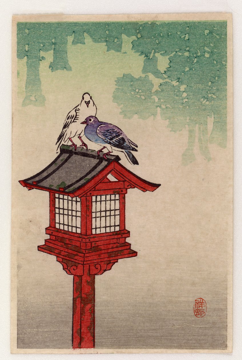 Duvor på en dedikationslykta (trätryck i färg) av Ohara Koson