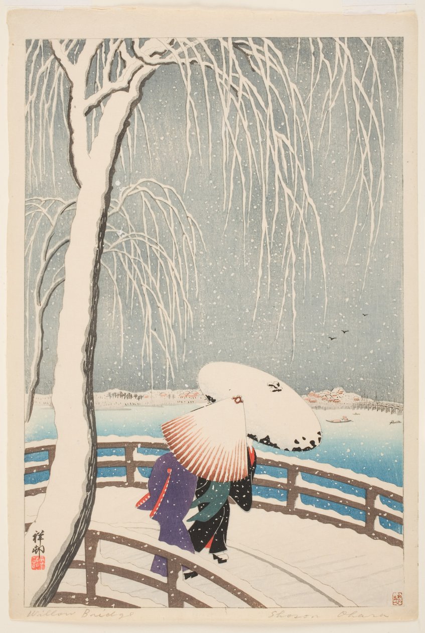 The Willow Bridge (coloured woodblock print) av Ohara Koson