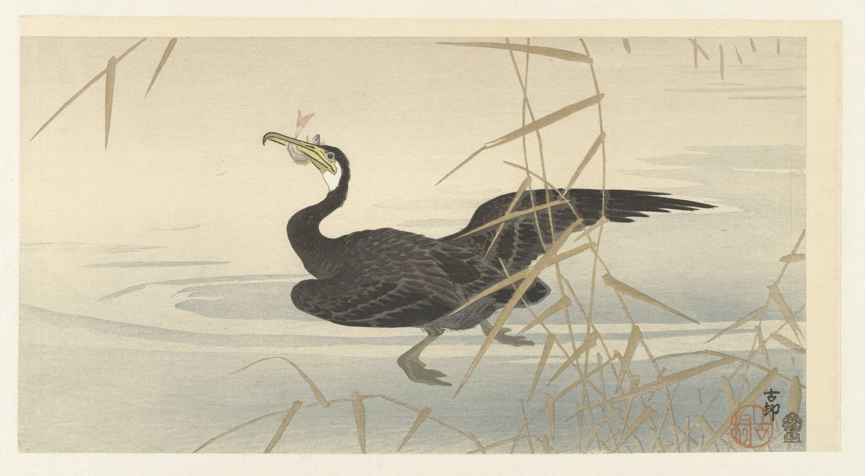 Skarv med fisk av Ohara Koson