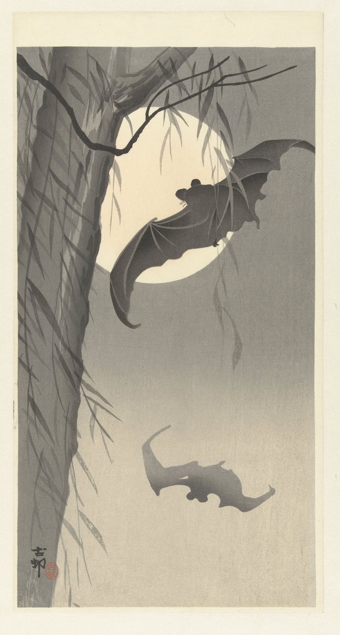 Fladdermöss och fullmåne av Ohara Koson