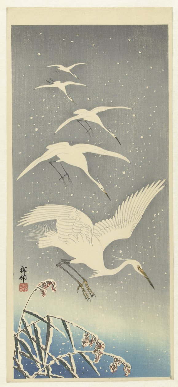 Fallande hägrar i snö av Ohara Koson