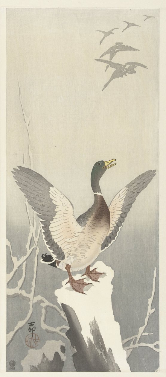 Anka på snöig trädstubbe av Ohara Koson