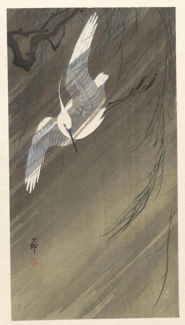 Egret i en storm av Ohara Koson