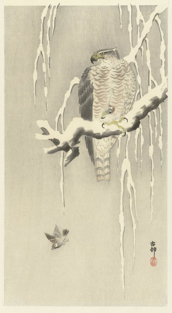 Hök med fången sparv. av Ohara Koson