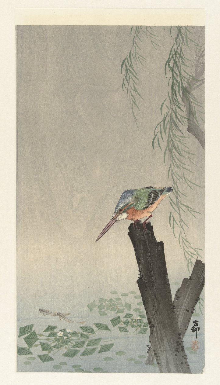 Kungsfiskare på en stubbe av Ohara Koson