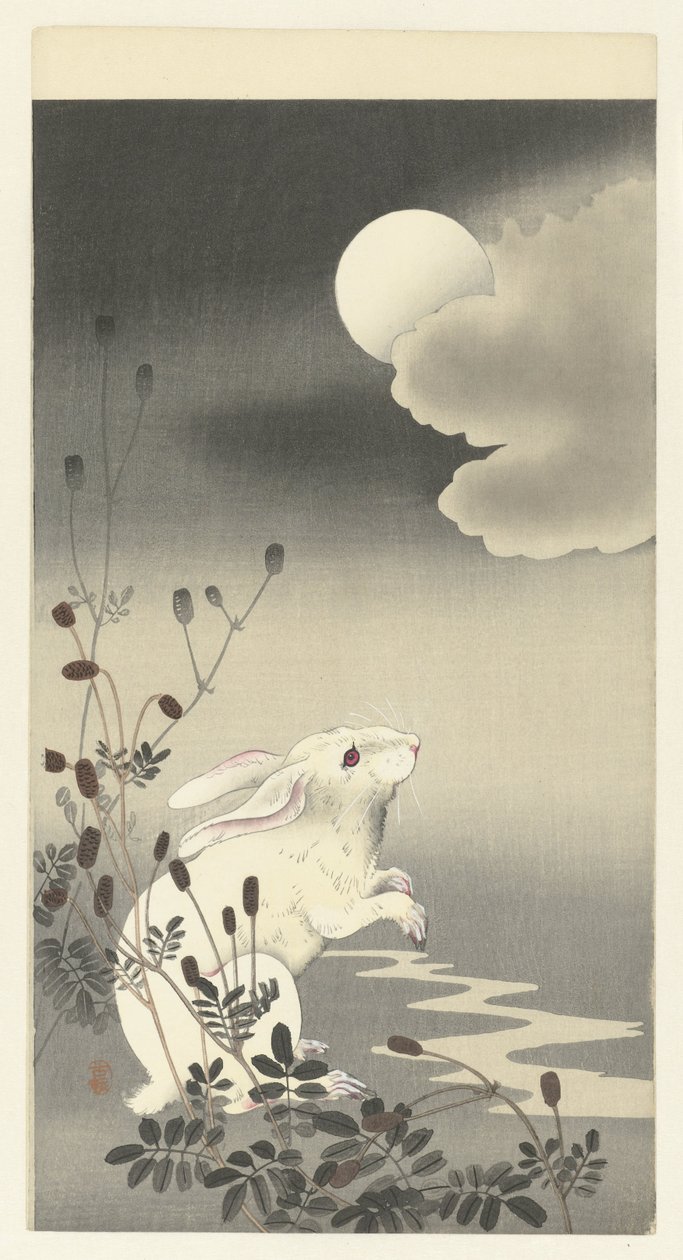 Kanin vid fullmåne av Ohara Koson