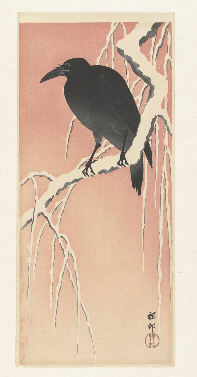 Kråka på snöig gren. av Ohara Koson
