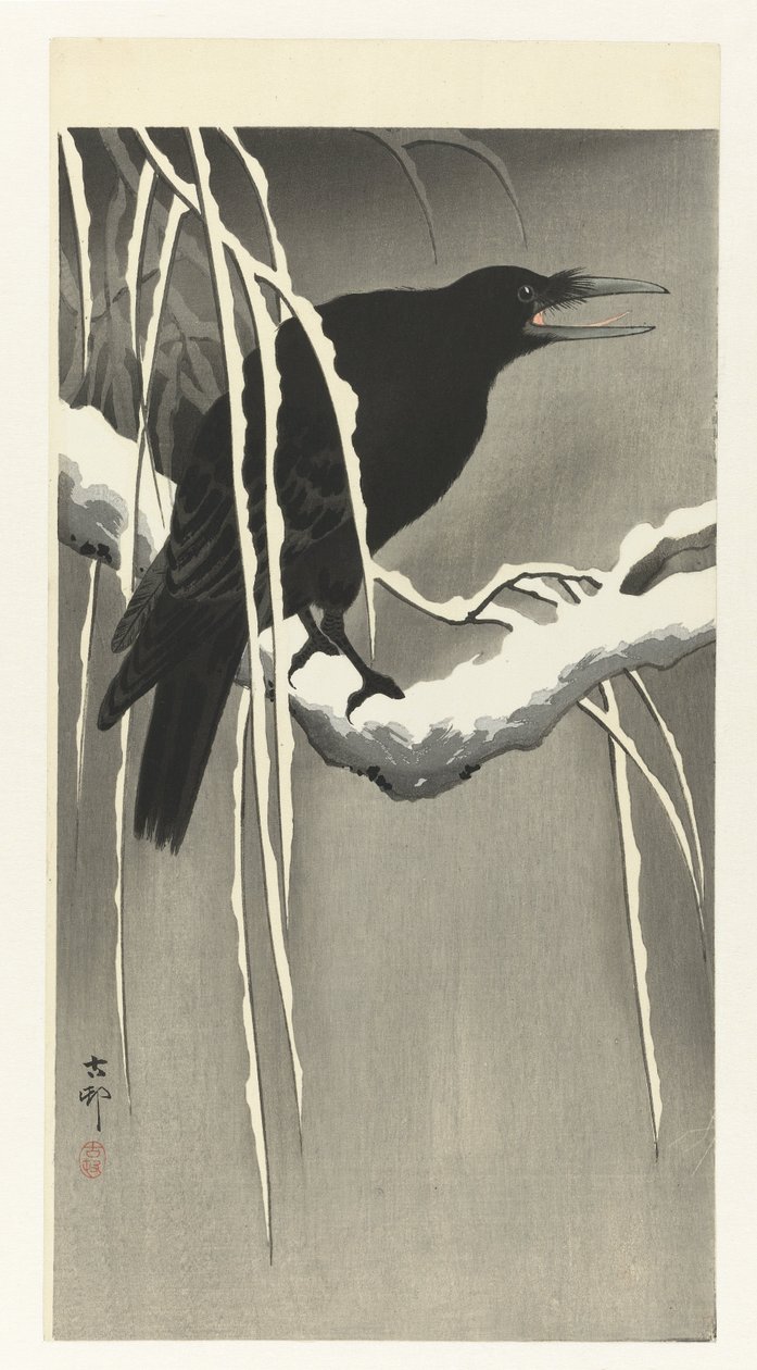 Kråka på snöig gren av Ohara Koson
