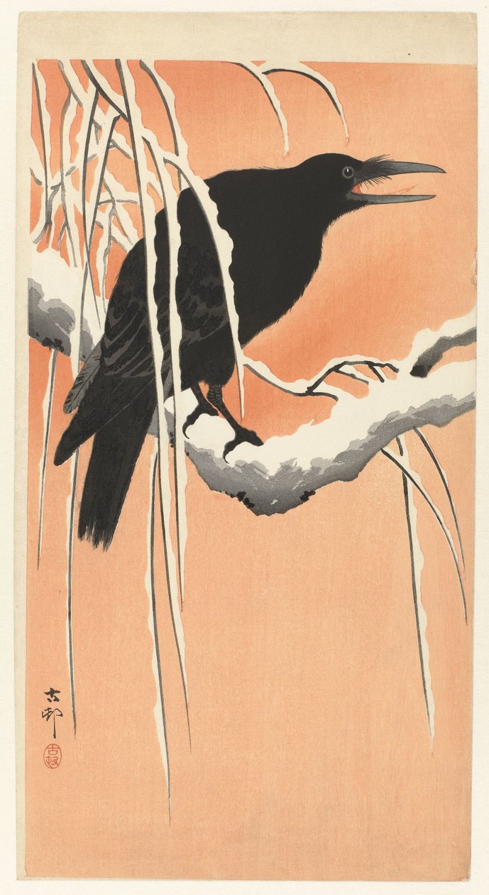 Kråka på snöig gren av Ohara Koson