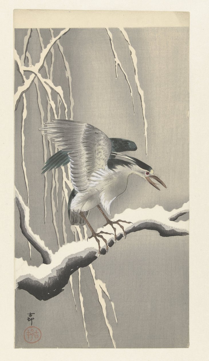 Kvack på snöig gren av Ohara Koson