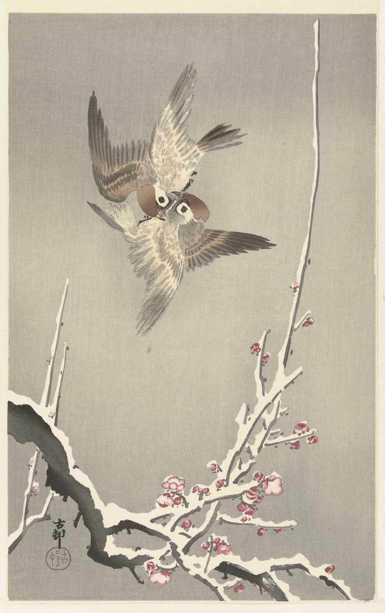 Sparvar och snöigt plommonträd av Ohara Koson