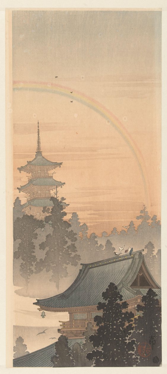 Pagod och regnbåge av Ohara Koson