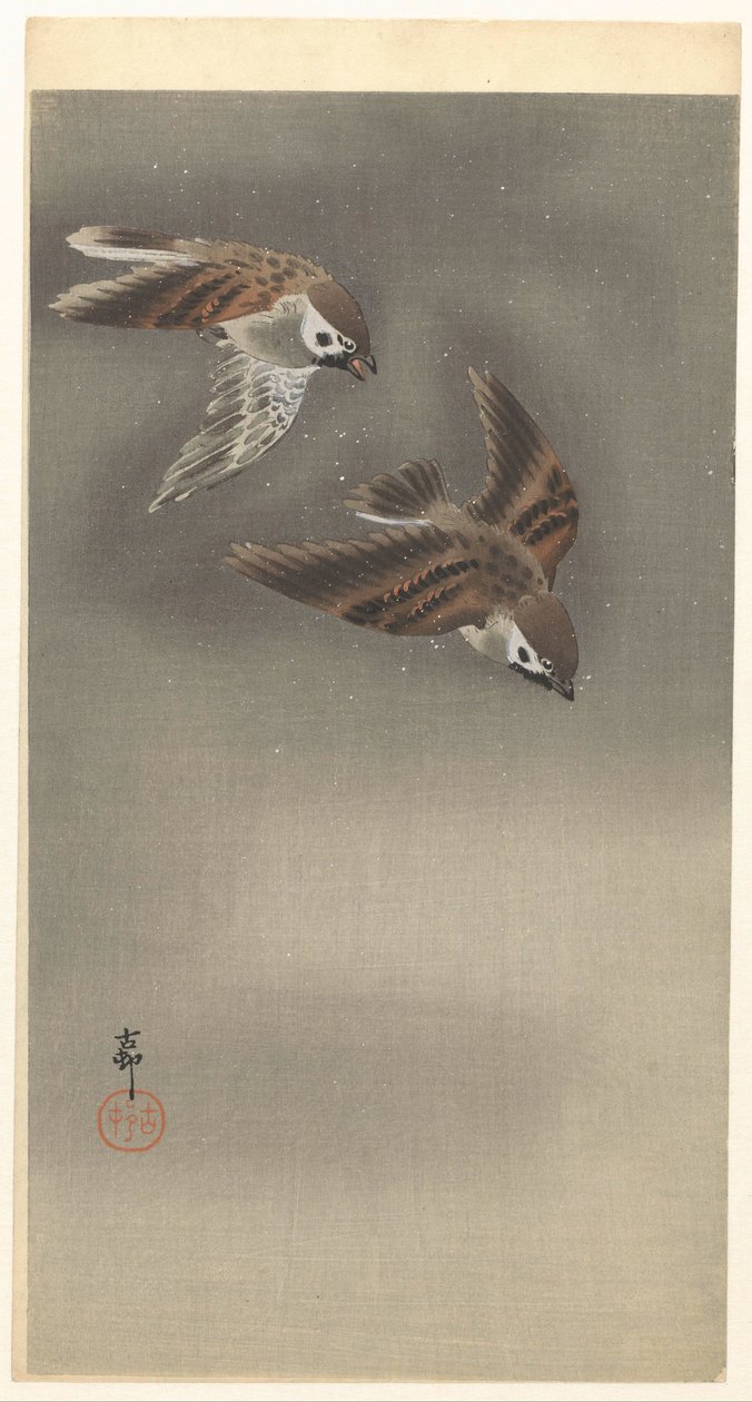 Ringsparvar i snö av Ohara Koson