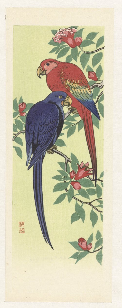 Röd och en blå papegoja av Ohara Koson