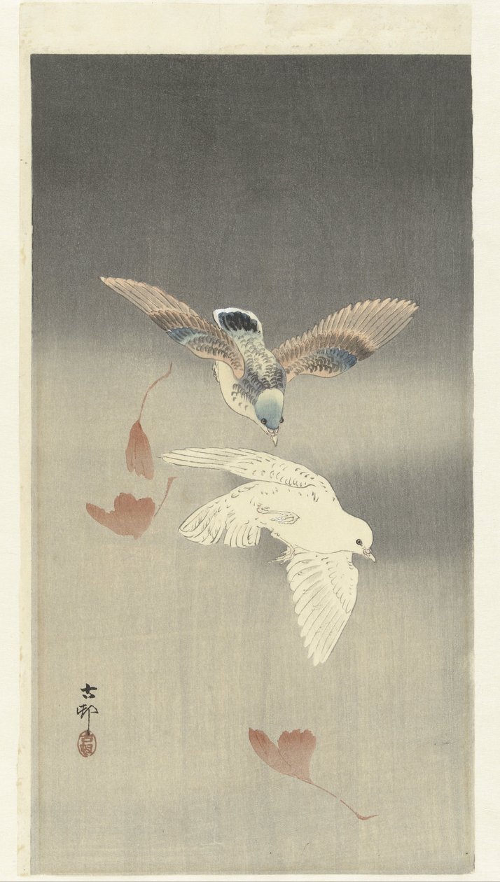 Två duvor nära fallande ginkgoblad av Ohara Koson