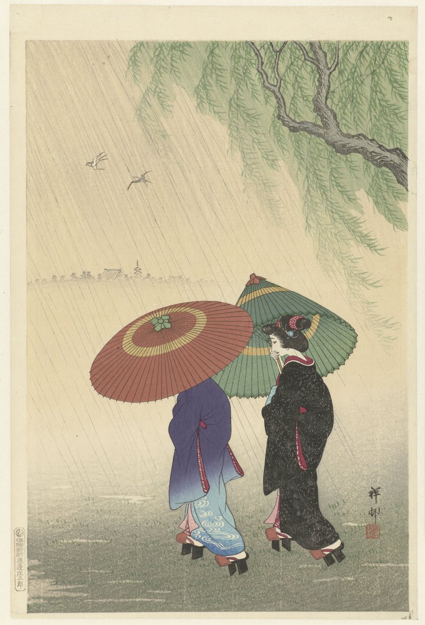 Två kvinnor i regnet av Ohara Koson