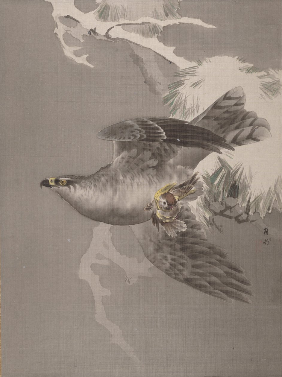 Hawk som håller en liten fågel, ca. 1891-92. av Okada Baison