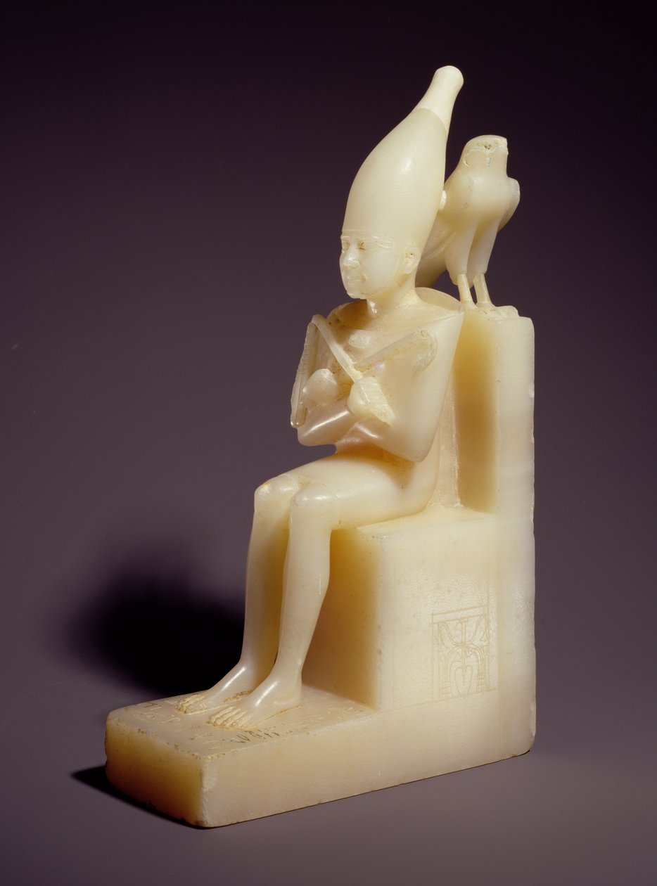 Liten sittande statyett av Pepi I (2289-2255 f.Kr.) med Horus Falcon (alabaster) av Old Kingdom Egyptian