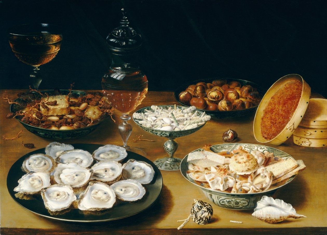 Dishes with Oysters, Fruit, and Wine av Osias the Elder Beert