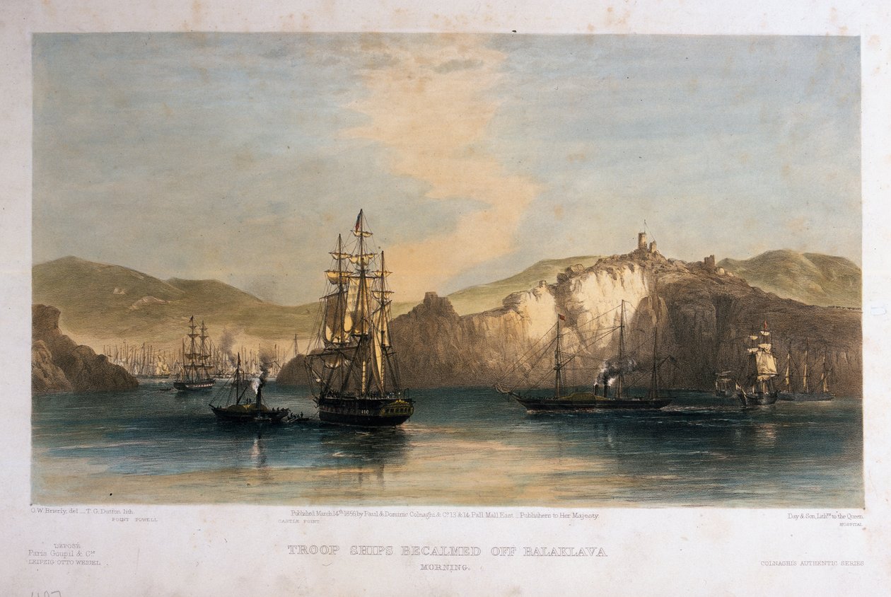 Truppskepp lugnade utanför Balaklava, Morgon, graverade av T.G. Dutton, utgiven av Colnaghi und Co., 1855 av Oswald Walters Brierly