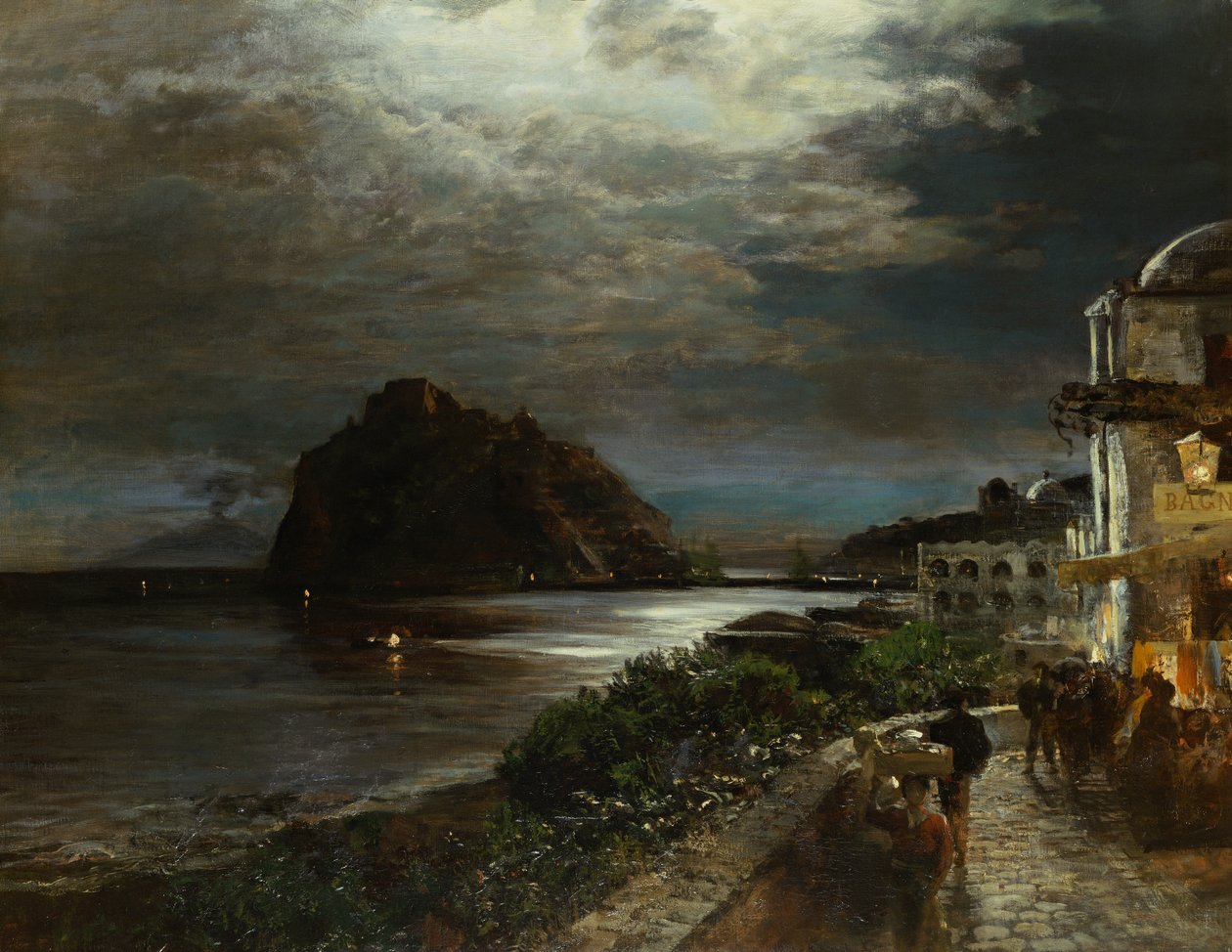 Aragonska slottet Ischia (olja på duk) av Oswald Achenbach