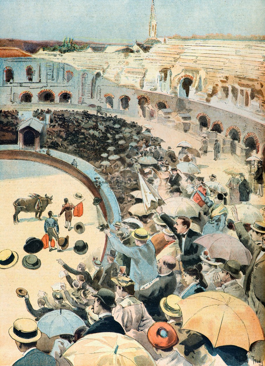 En tjurfäktning i Nimes arenes av Oswaldo Tofani