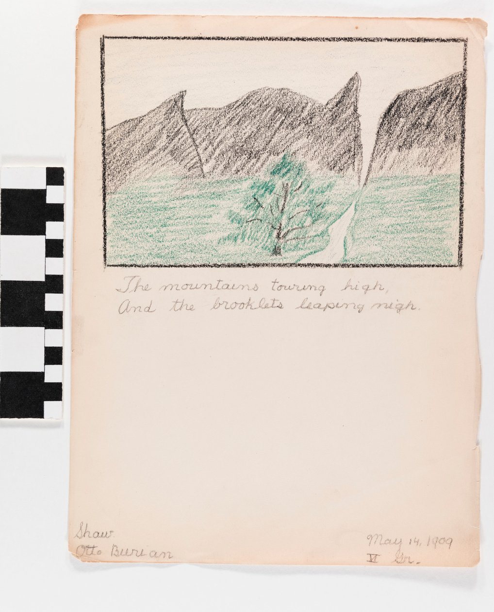 Crayon illustration on paper of mountains with poem below av Otto Burian