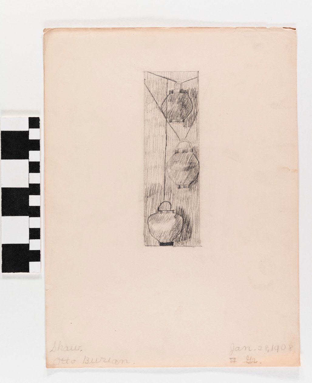 Pencil drawing of three hanging lamps on paper av Otto Burian