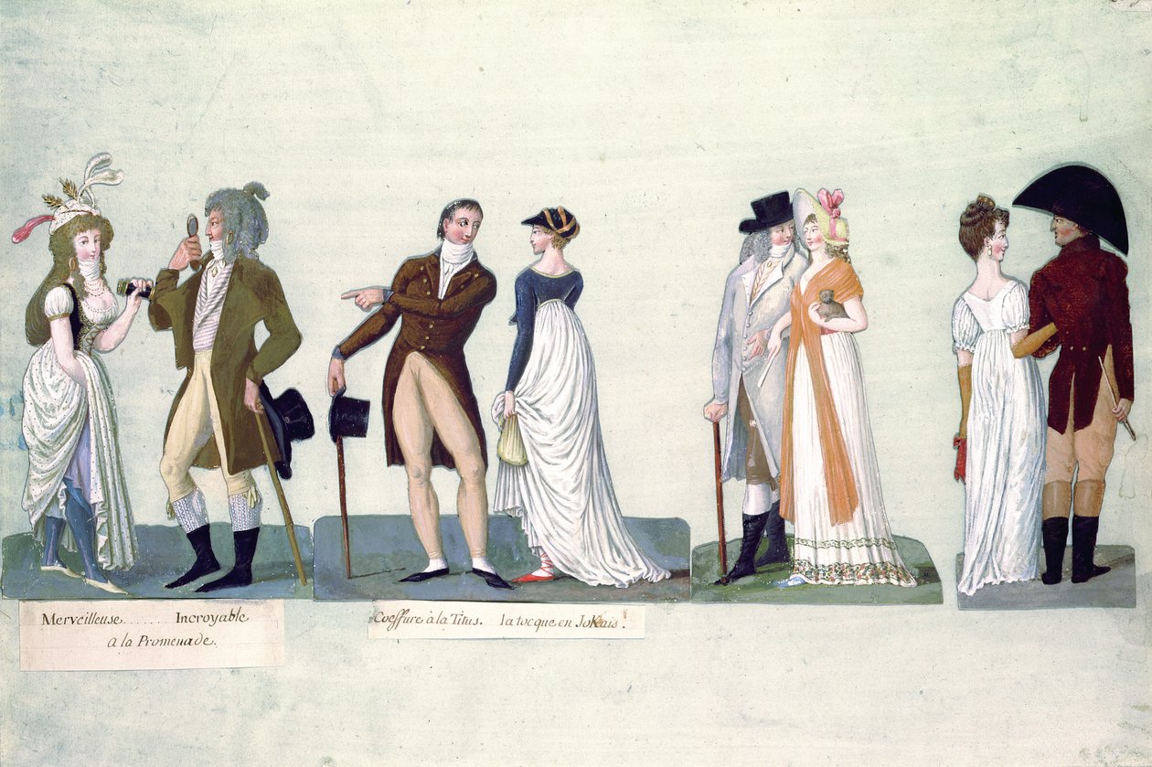 Fol.50 Merveilleuse...Incroyable promenading; Coiffure a la Titus...Tocque i jockeystil (gouache) av P. A. and J.B. Lesueur