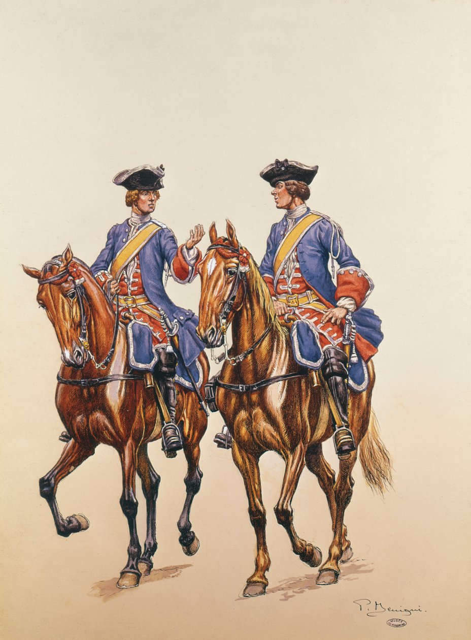 Ställföreträdande sergeant och bågskytt av den beridna polisstyrkan i lIle de France, ca 1750 (wc på papper) av P. Benigni