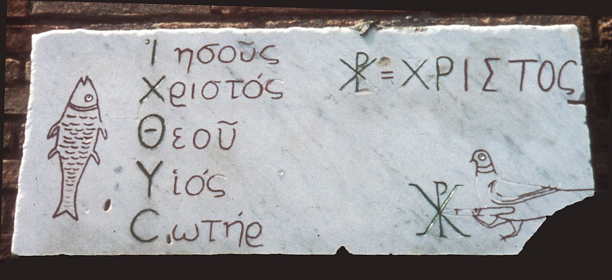 Begravningsplatta med kristna symboler (marmor) av Paleo Christian