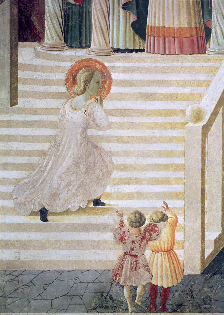 Jungfru Maria på väg uppför trappan vid Marias presentation i templet, 1433-34 (detalj) av Paolo Uccello