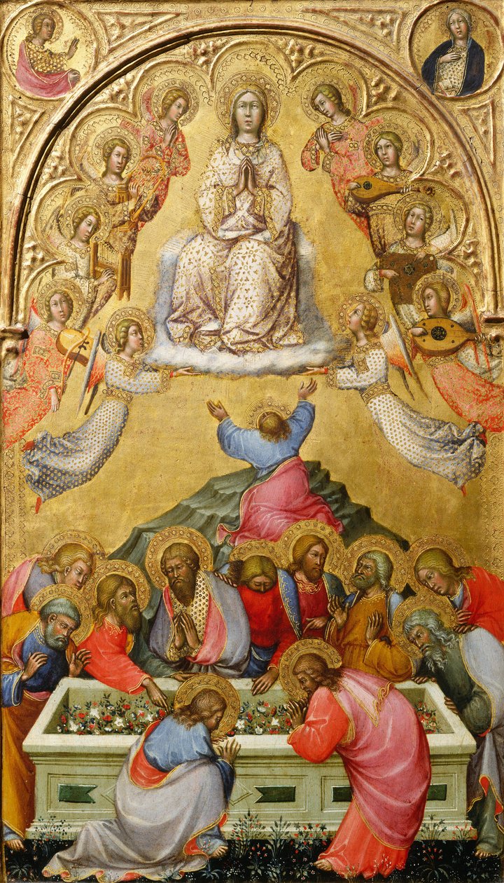 Jomfruens himmelfart med buster af ærkeenglen Gabriel og Jomfruen af bebudelsen, ca. 1400-5 (tempera på panel) swed av Paolo di Giovanni Fei
