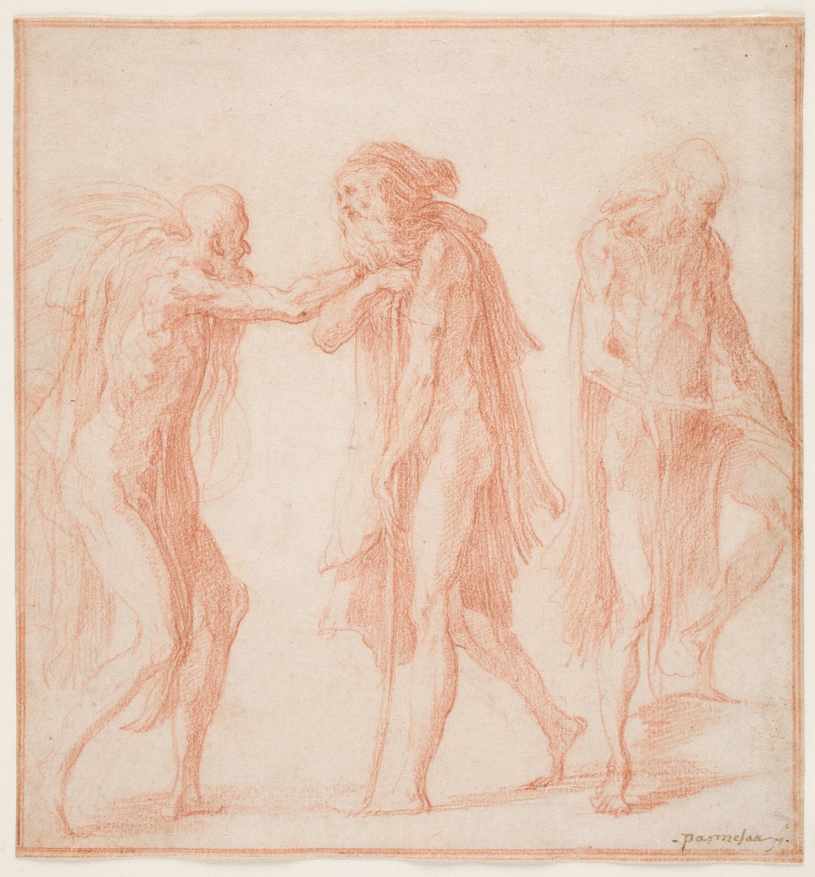 Tre gamla män, ca 1535 (röd krita på papper) av Parmigianino