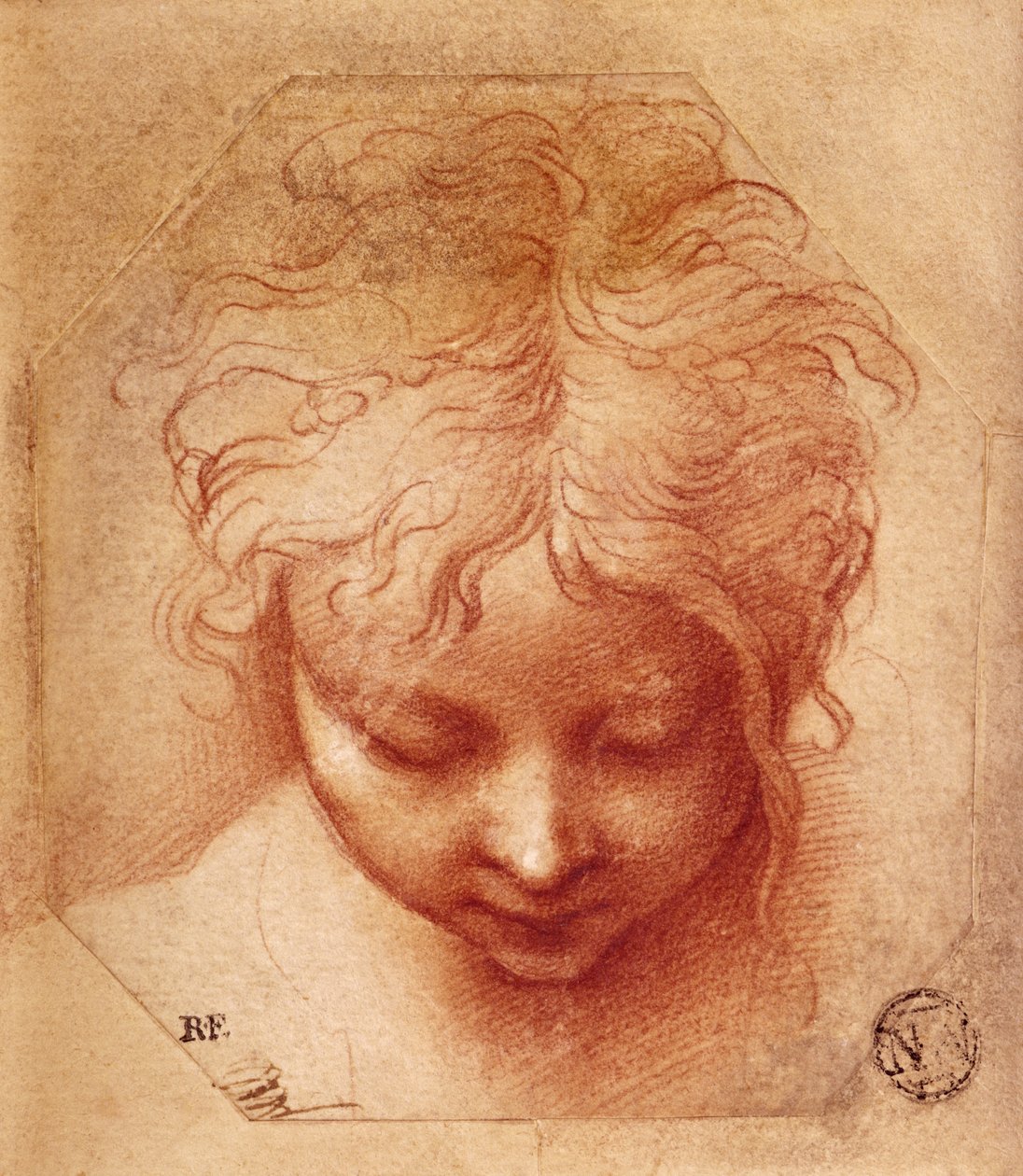 Studie av ett huvud (röd krita på papper) av Parmigianino