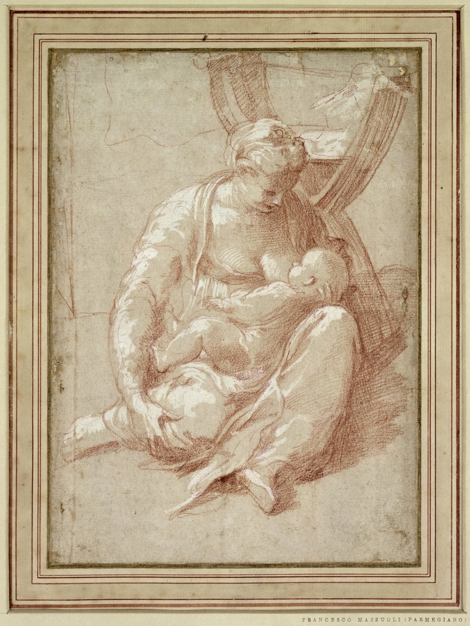 Jungfru sitter på marken och ammar barnet av Parmigianino
