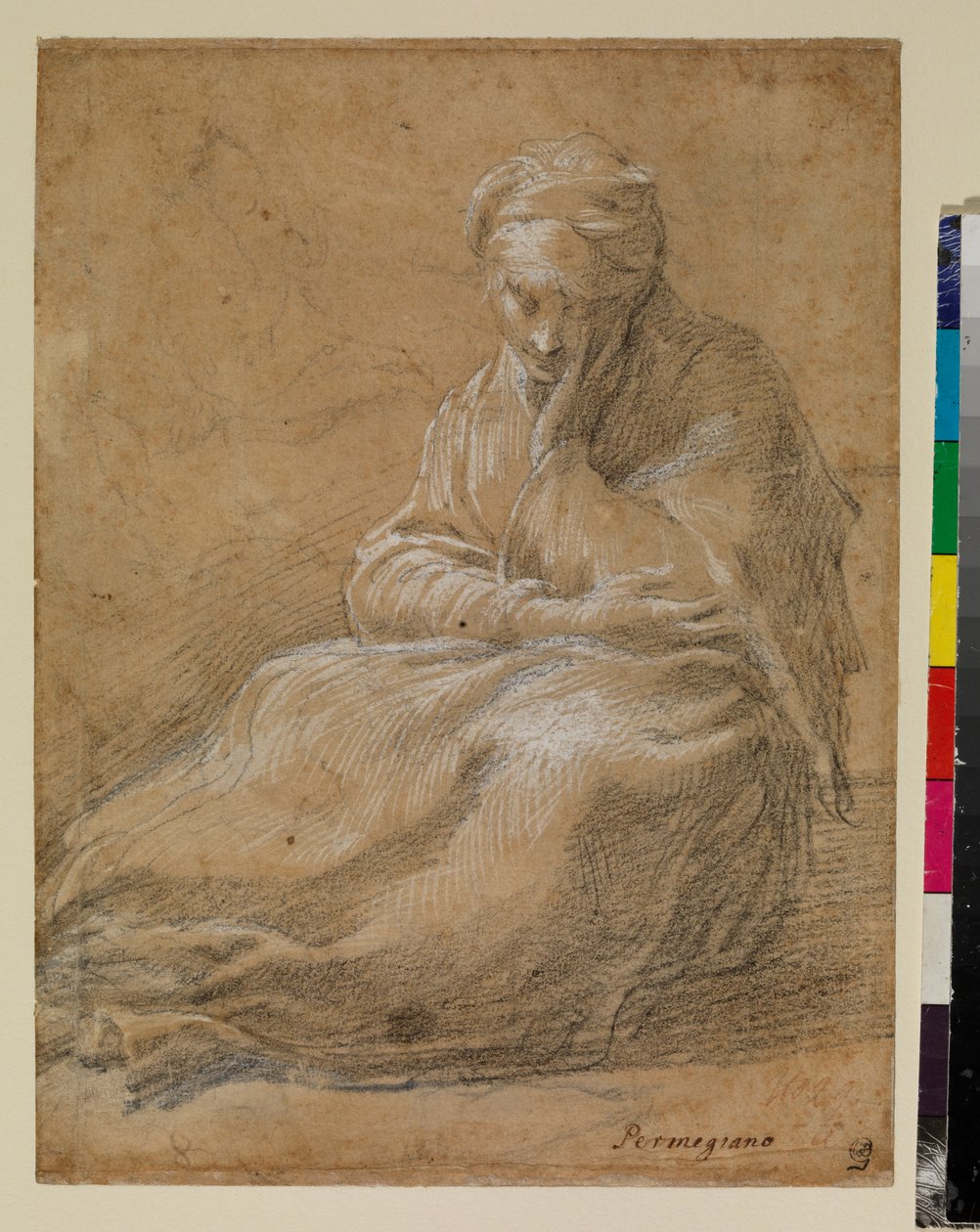 Kvinna som sitter på marken av Parmigianino