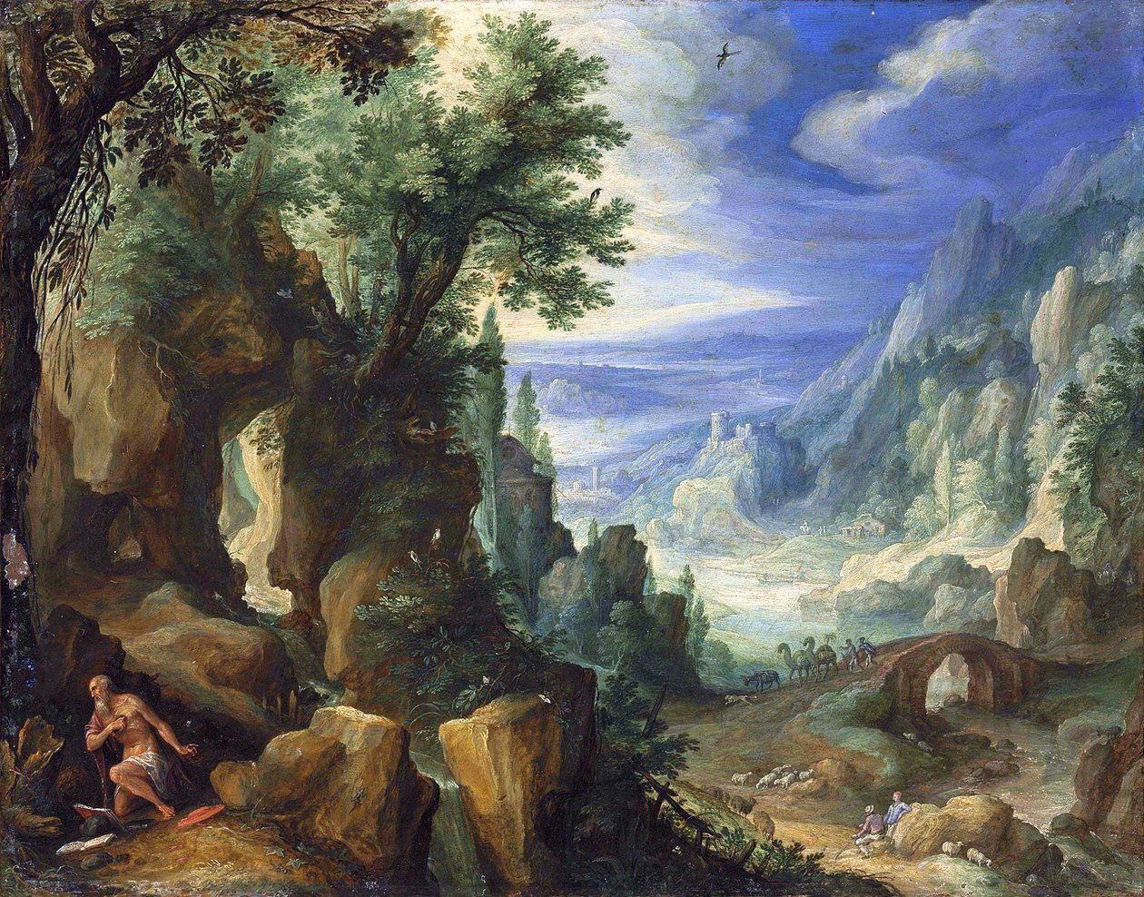 landscape with St. Jerome and rocky crag av Paul Brill