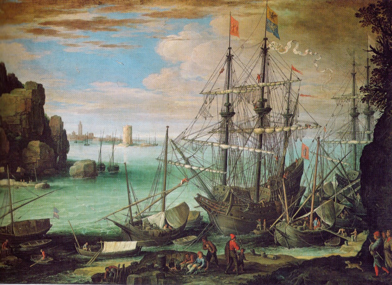Küstenlandschaft mit Hafen av Paul Bril