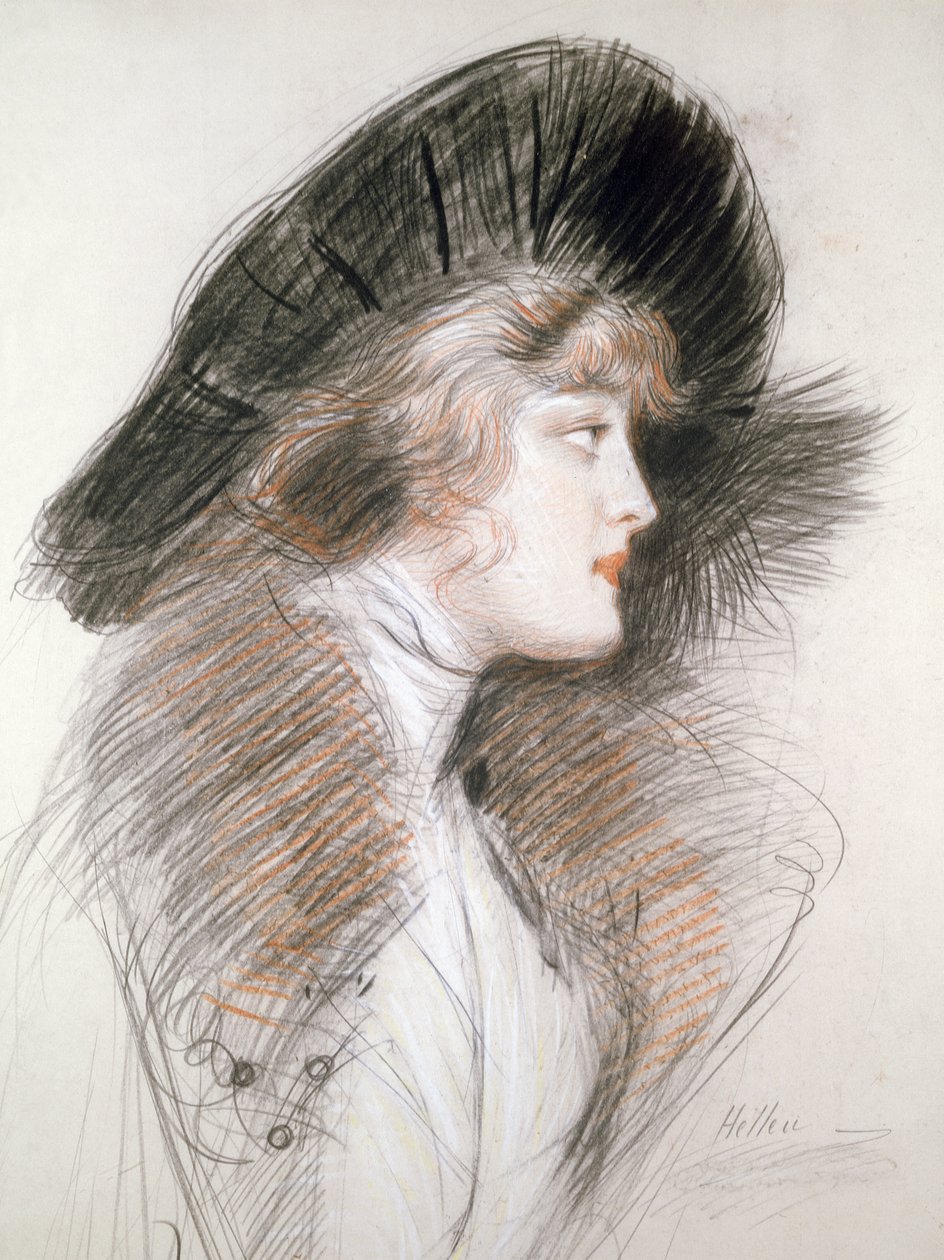 Head of a Elegant Woman (penna och färgad krita) av Paul Cesar Helleu