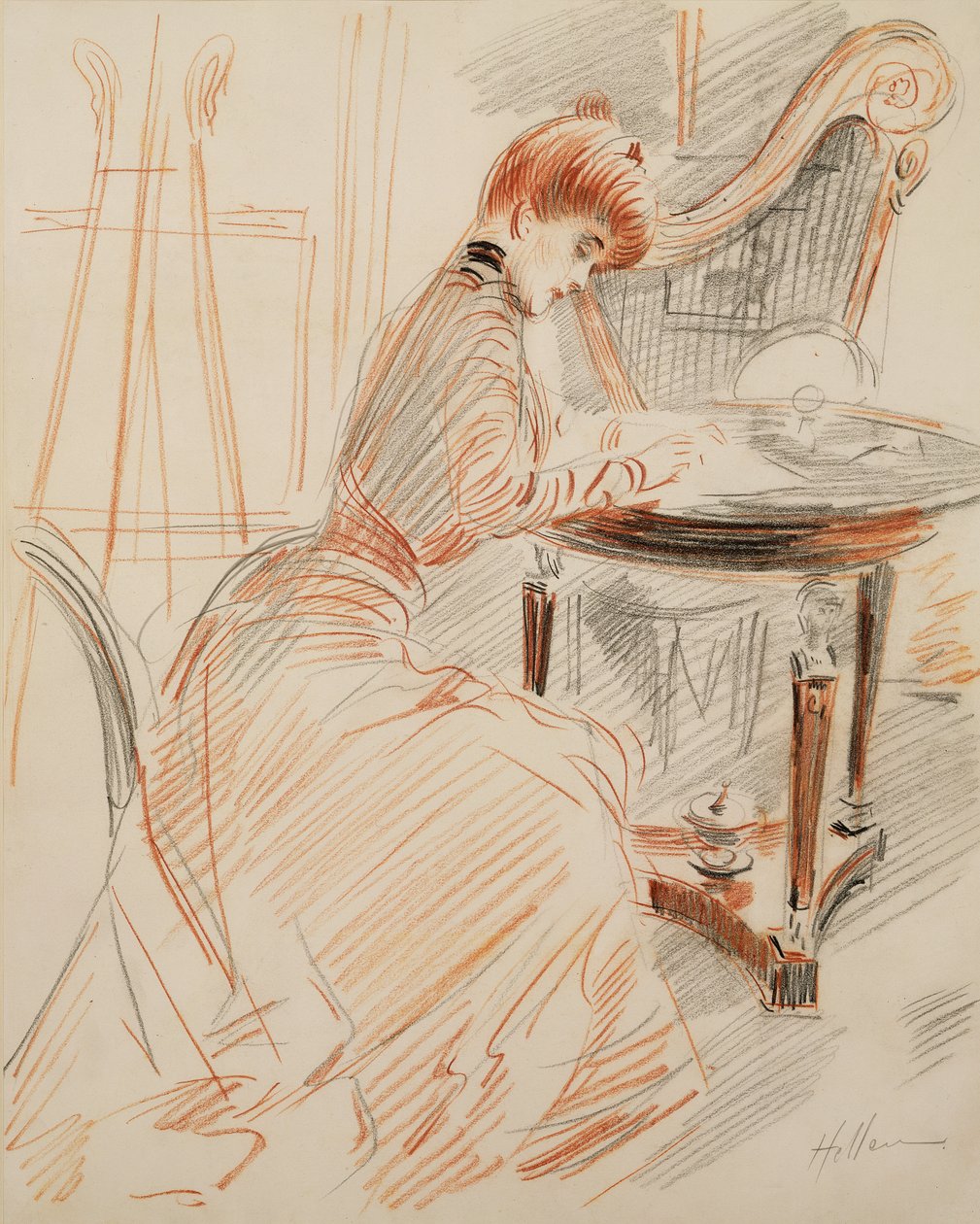 Madame Helleu Writing (röd penna och kol) av Paul Cesar Helleu