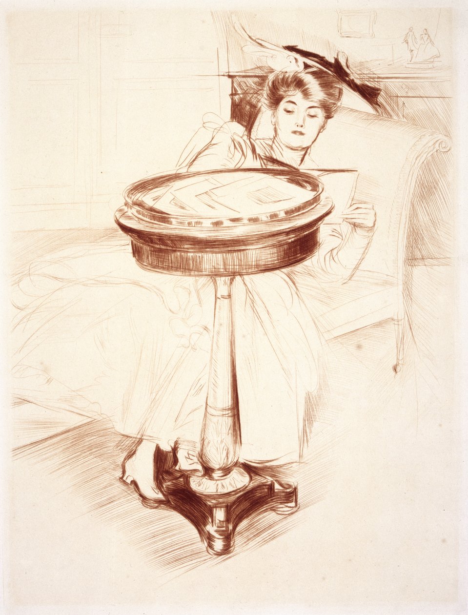 Kvinna som läser, ca 1895 (torrnål på papper) av Paul Cesar Helleu