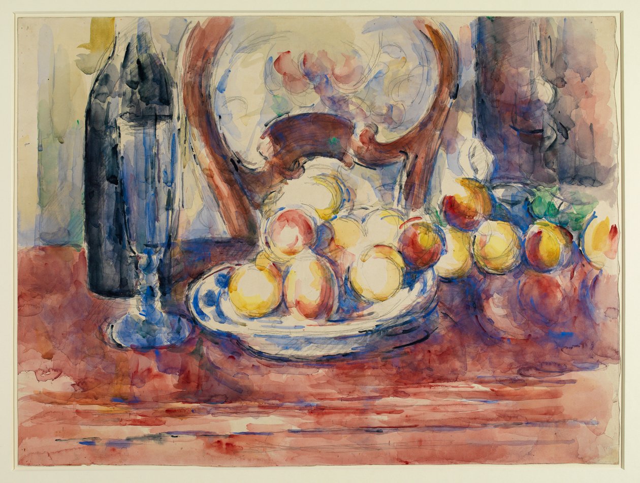 Still Life with Apples, Bottle and Chairback, 19th seneturi (penitala ma gouache i luga o pepa) faʻafefe av Paul Cézanne