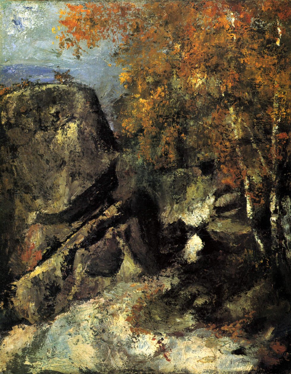 Felsen im Wald von Fontainbleau av Paul Cézanne